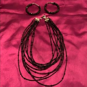Black Beaded Necklace & Pair of Earrings - $11